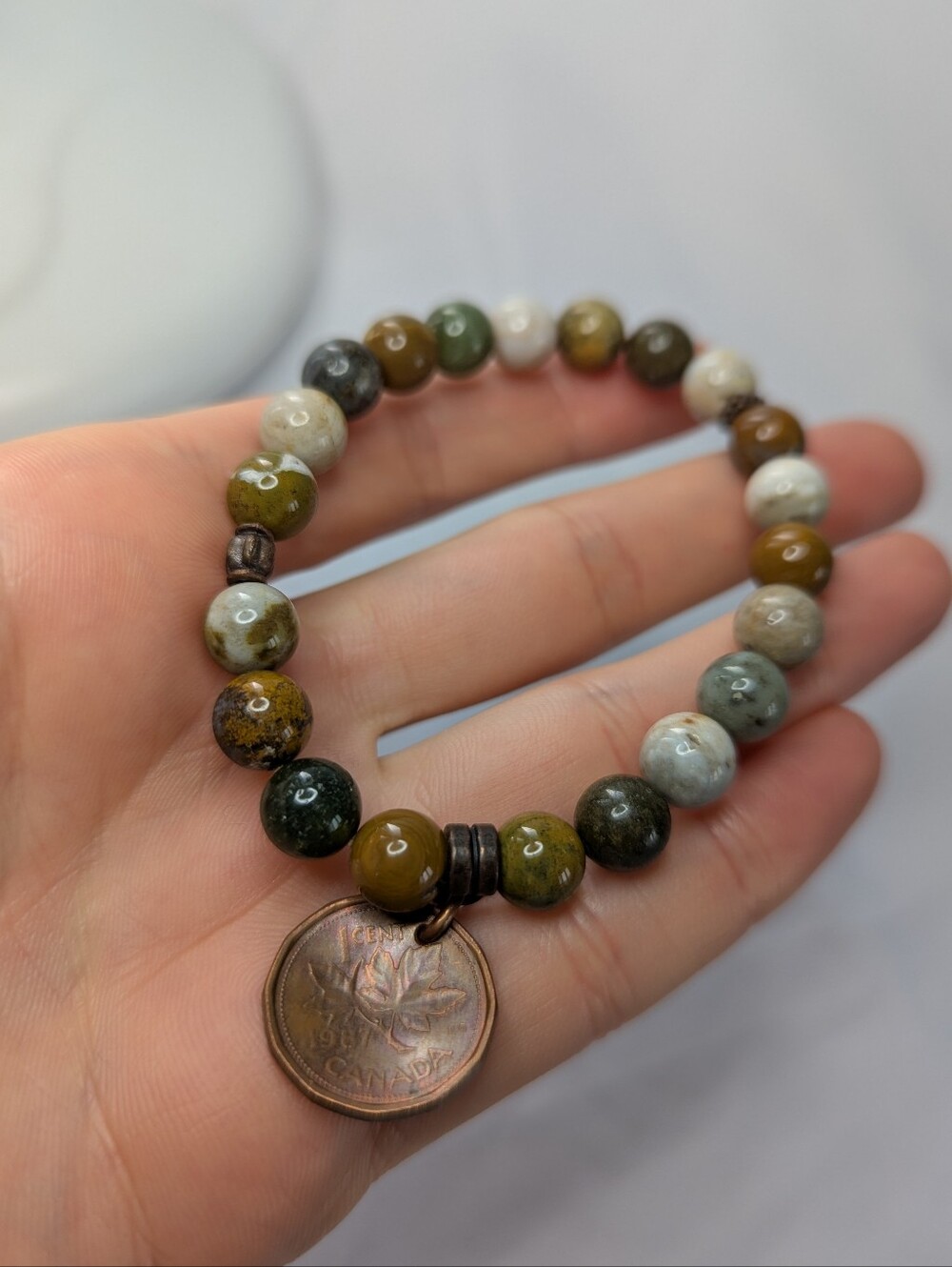 Multi-Color Jasper Beaded Stretch Bracelet with Coin Charm